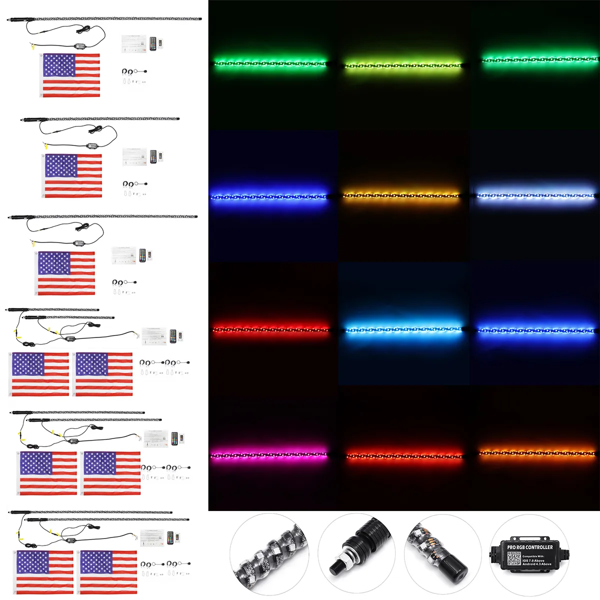 12V 1PC/2PCS 3FT/4FT/5FT 5050 RGB 300 LED Whip Light Flagpole Lamp for Jeep ATV UTV