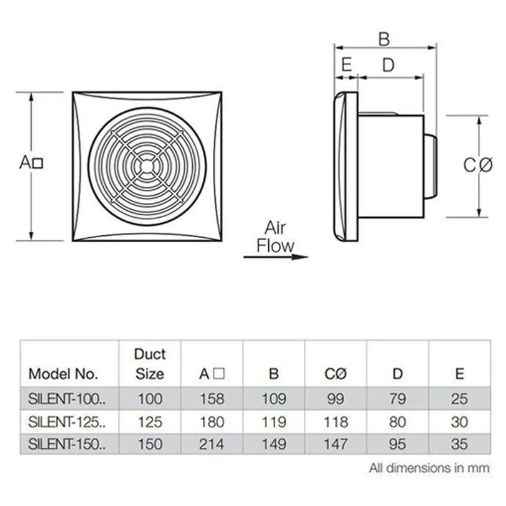 280m³/h Silent Wall Mounted Exhaust Fan 150mm in White (Standard/Timer/Humidistat)