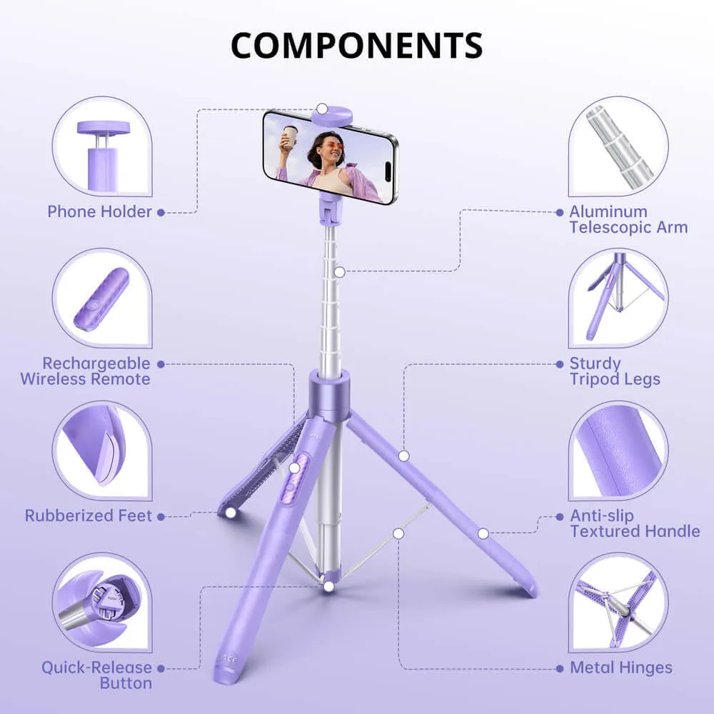 60 Inch Purple Selfie Stick Tripod, All-in-One Extendable Phone Tripod