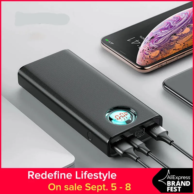 Baseus 20000mAh Power Bank For iPhone Samsung Huawei Type C PD Fast Charging   Quick Charge 3.0 USB Powerbank External Battery