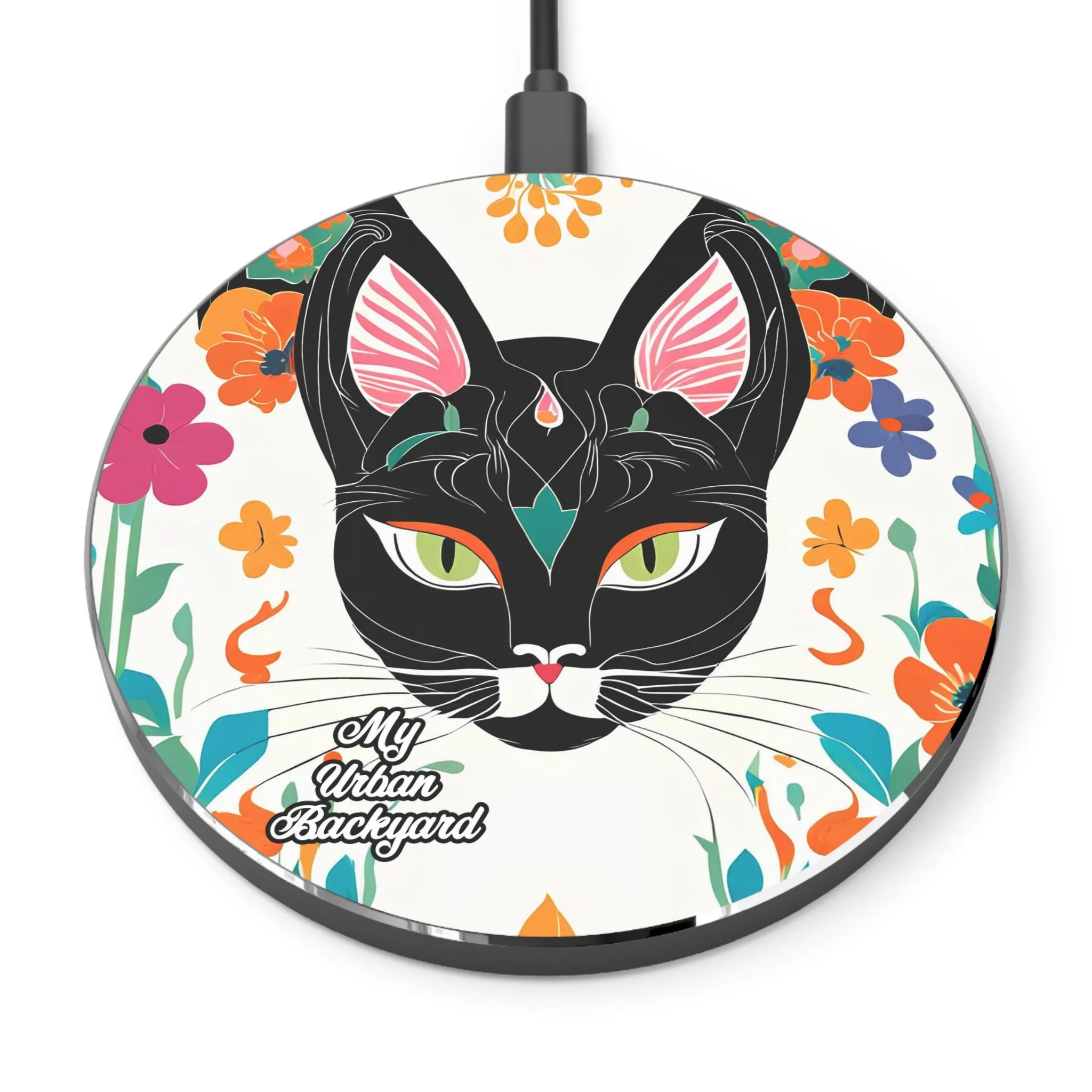 Black Cat with Green Eyes and Flowers, 10W Wireless Charger for iPhone, Android, Earbuds