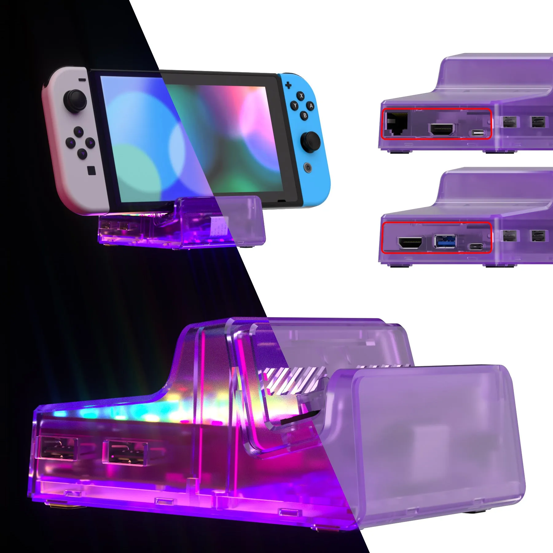 eXtremeRate AiryDocky DIY Kit LED Version Replacement Clear Atomic Purple Shell Case for Nintendo Switch & Switch OLED Dock, Redesigned IR Remote Control 7 Color 39 Effects RGB LED Kit for Nintendo Switch OLED Dock - LLNSM004L