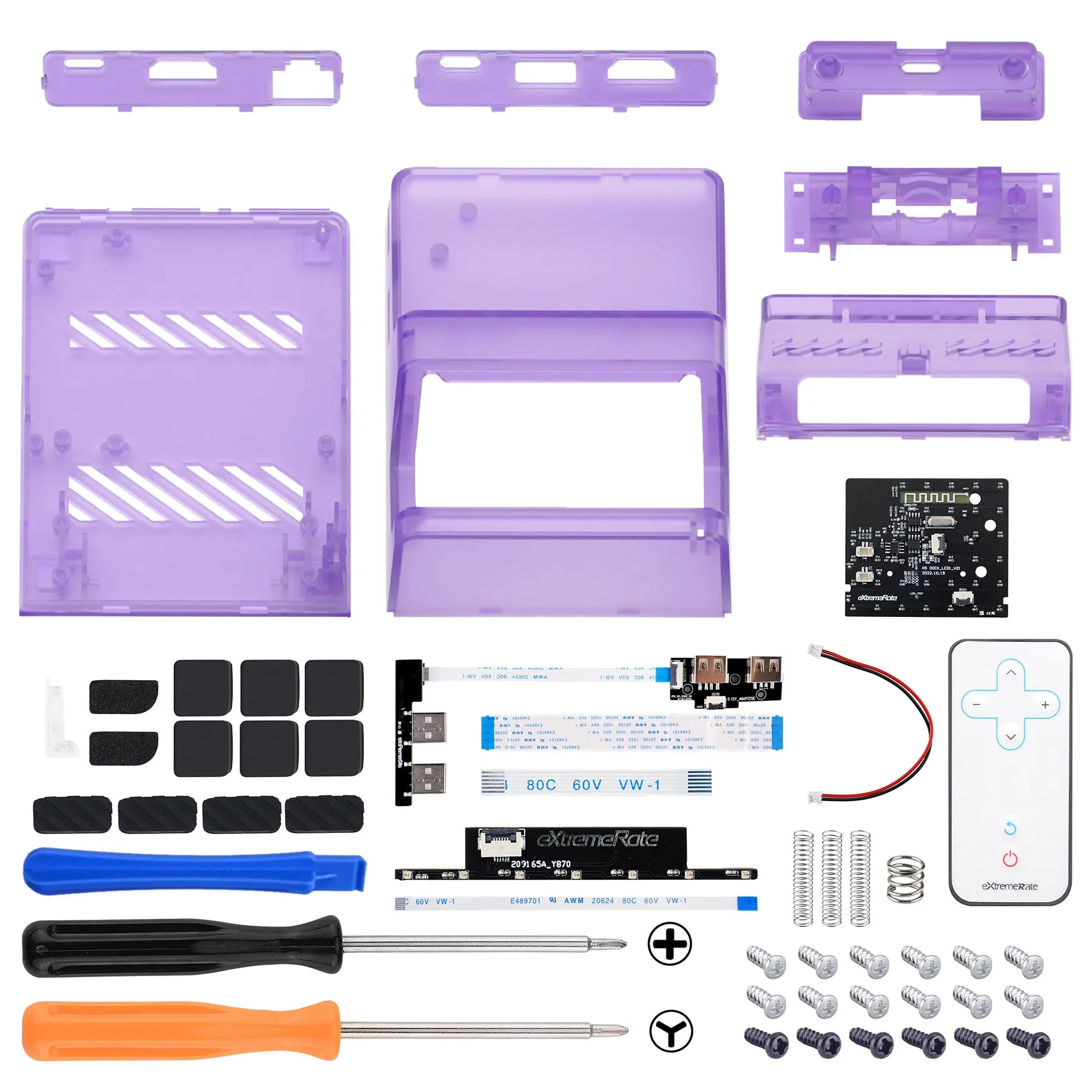 eXtremeRate AiryDocky DIY Kit LED Version Replacement Clear Atomic Purple Shell Case for Nintendo Switch & Switch OLED Dock, Redesigned IR Remote Control 7 Color 39 Effects RGB LED Kit for Nintendo Switch OLED Dock - LLNSM004L