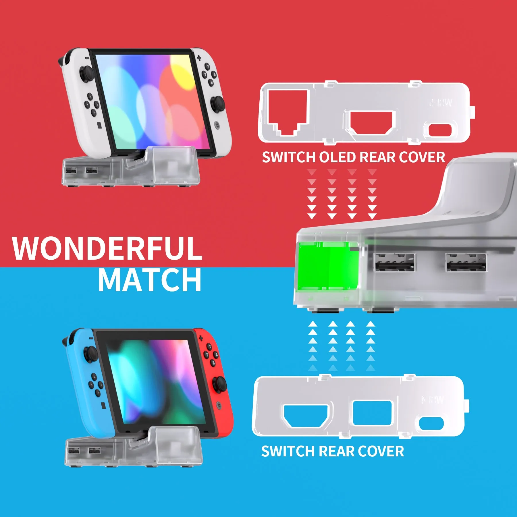 eXtremeRate AiryDocky DIY Kit LED Version Replacement Clear Shell Case for Nintendo Switch & Switch OLED Dock, Redesigned IR Remote Control 7 Color 39 Effects RGB LED Kit for Nintendo Switch OLED Dock - LLNSM001L