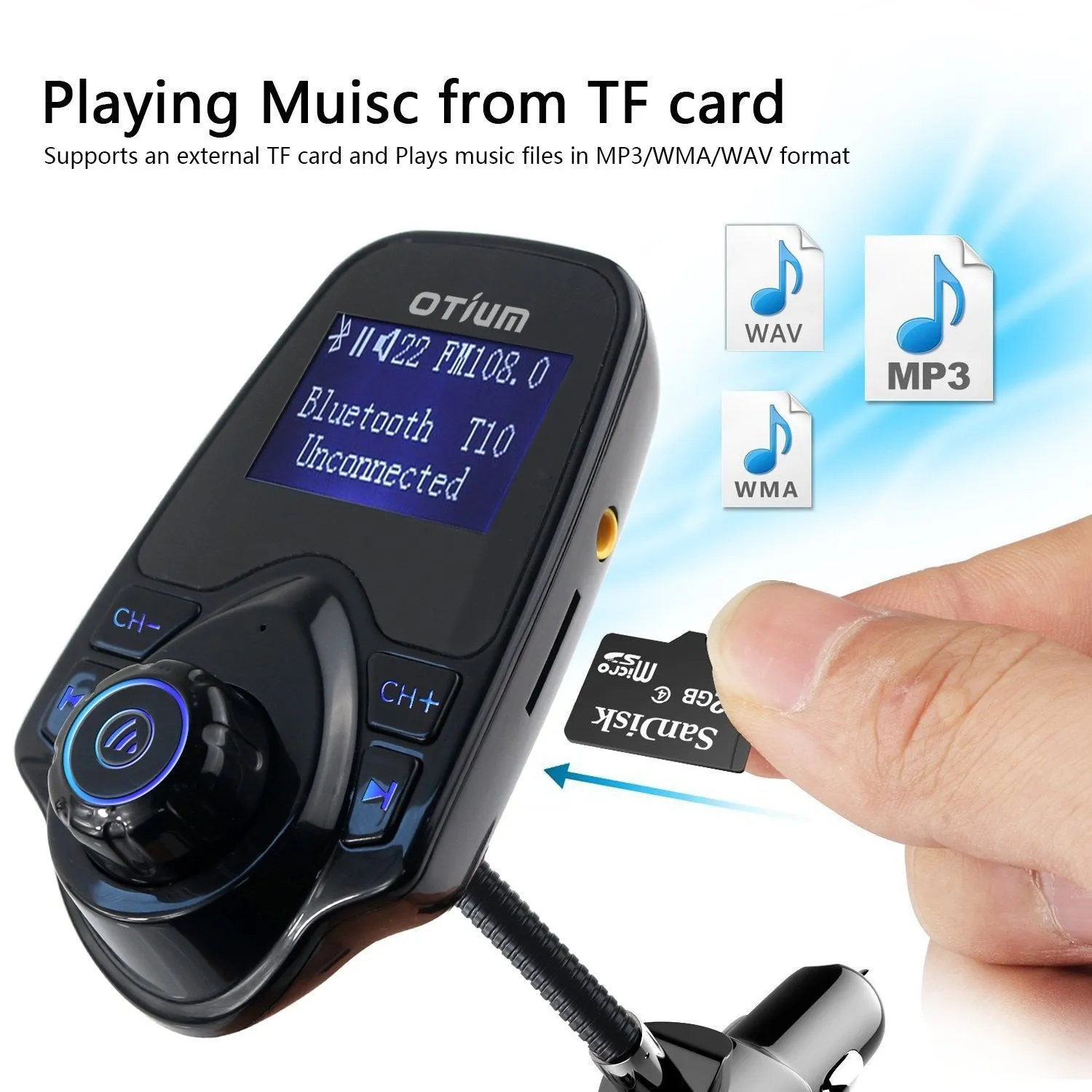 FM Transmitter, Otium® Bluetooth Wireless Radio Adapter Audio Receiver Stereo Music Modulator Car Kit with USB Charger, Hands Free Calling for Smartphones, Tablets, TF Card, MP3 and More