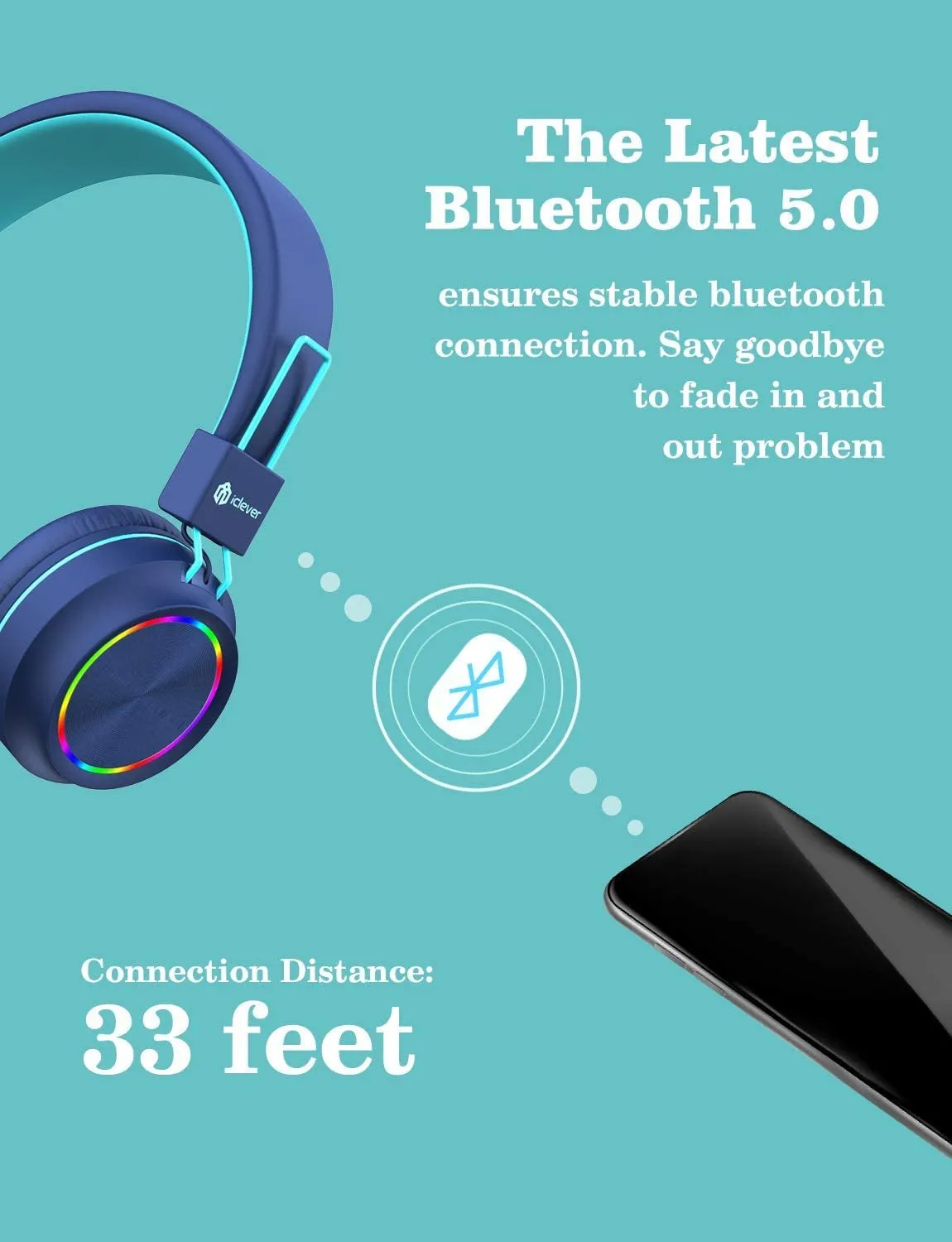 Iclever BTH03 Kids Headphones, Colorful LED Lights Kids Wireless Headphones with MIC, 25H Playtime, Stereo Sound, Bluetooth 5.0, Foldable, Childrens Headphones on Ear for Study Tablet Airplane, Blue