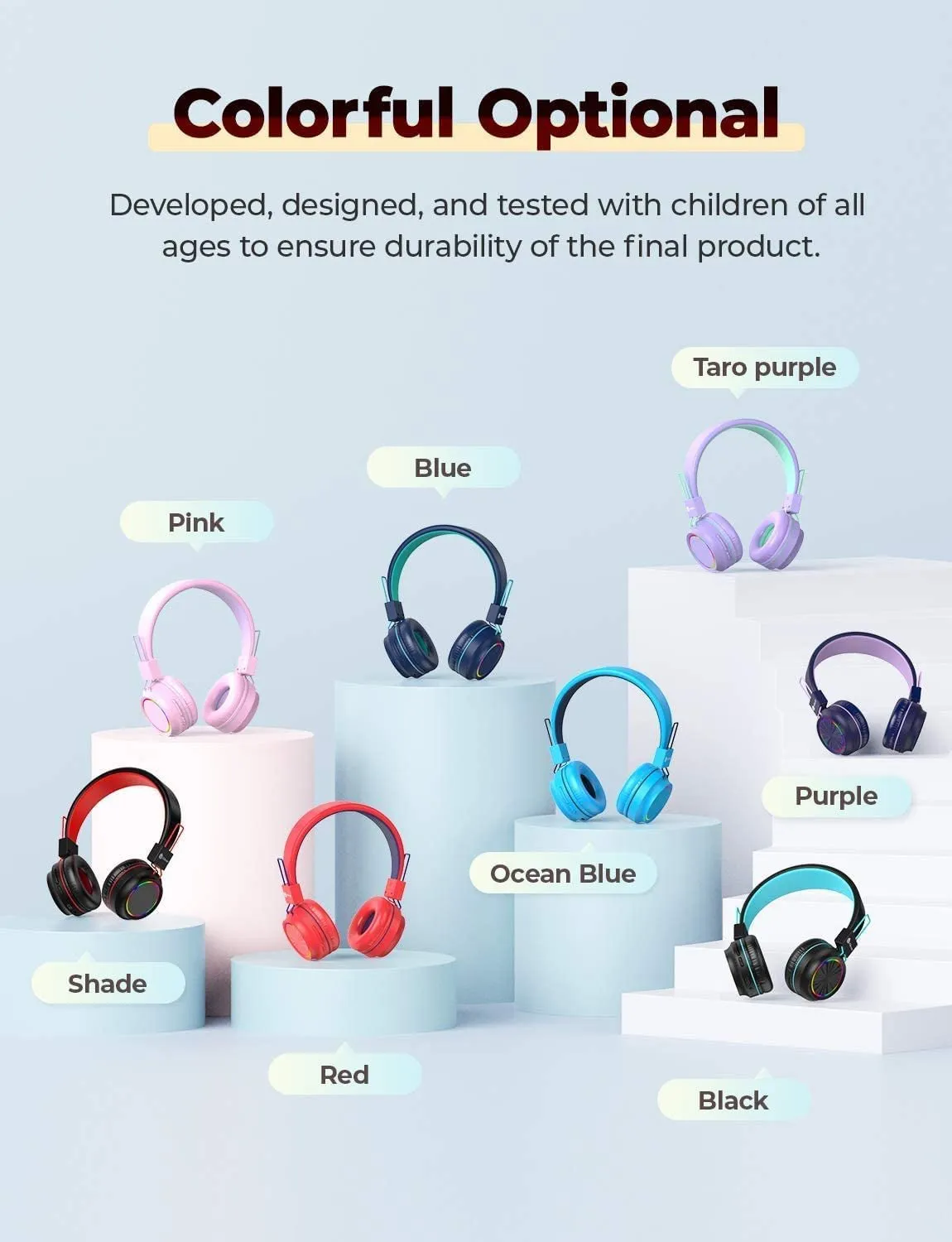 Iclever BTH03 Kids Wireless Headphones, Colorful LED Lights Kids Headphones with MIC, 25H Playtime, Stereo Sound, Bluetooth 5.0, Foldable, Childrens Headphones on Ear for Study Tablet Airplane, Pink