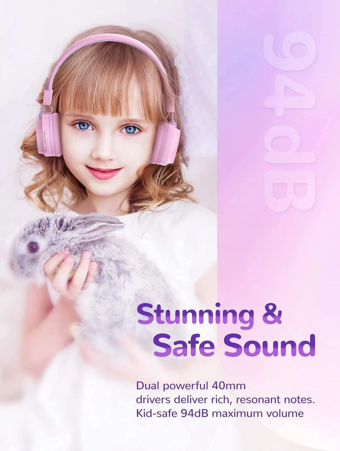 Iclever BTH03 Kids Wireless Headphones, Colorful LED Lights Kids Headphones with MIC, 25H Playtime, Stereo Sound, Bluetooth 5.0, Foldable, Childrens Headphones on Ear for Study Tablet Airplane, Pink