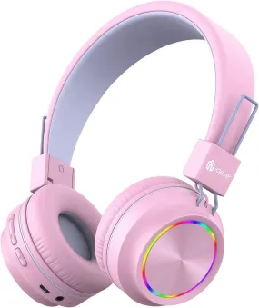 Iclever BTH03 Kids Wireless Headphones, Colorful LED Lights Kids Headphones with MIC, 25H Playtime, Stereo Sound, Bluetooth 5.0, Foldable, Childrens Headphones on Ear for Study Tablet Airplane, Pink