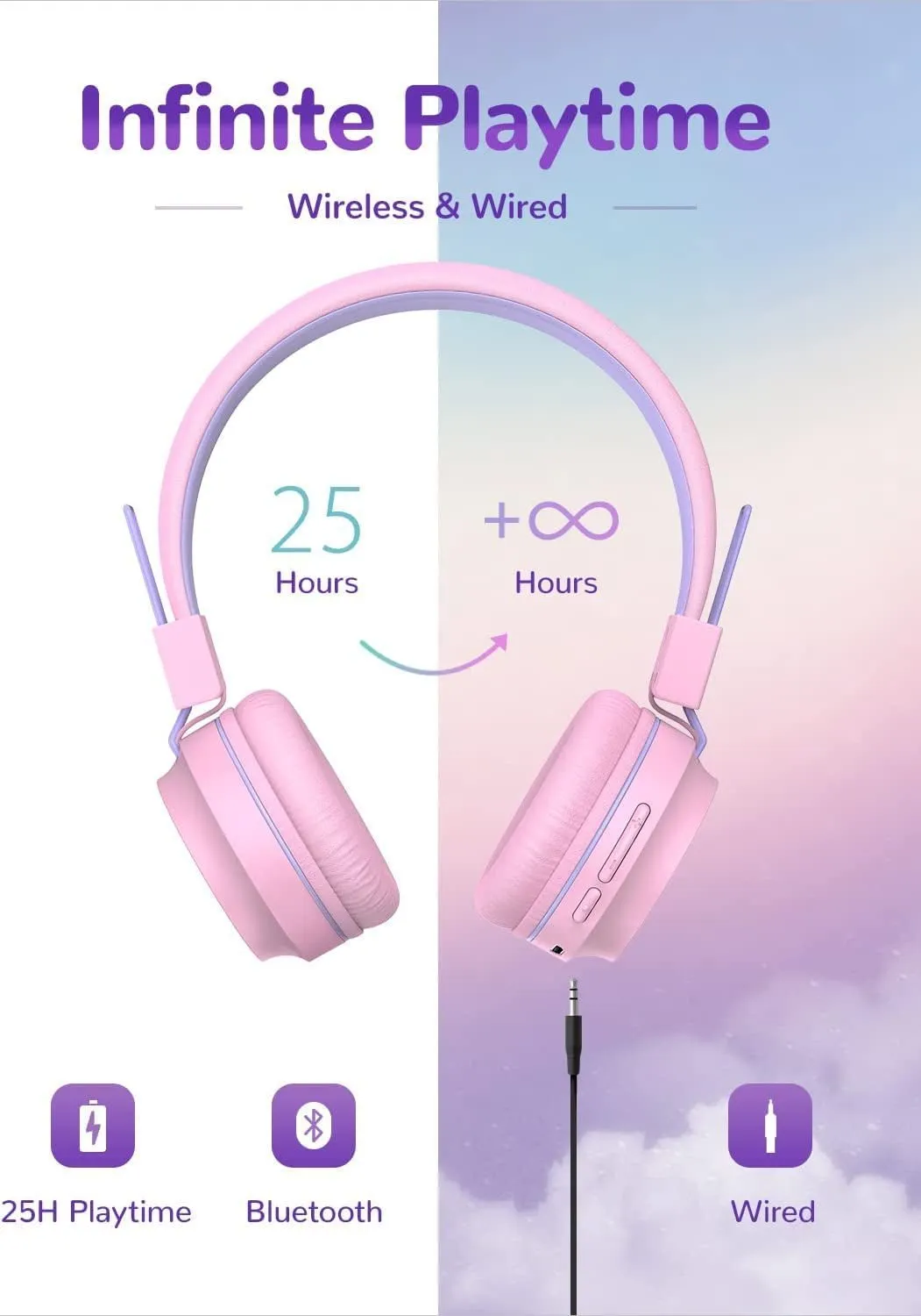 Iclever BTH03 Kids Wireless Headphones, Colorful LED Lights Kids Headphones with MIC, 25H Playtime, Stereo Sound, Bluetooth 5.0, Foldable, Childrens Headphones on Ear for Study Tablet Airplane, Pink