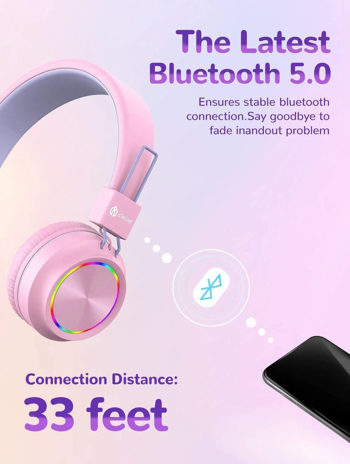 Iclever BTH03 Kids Wireless Headphones, Colorful LED Lights Kids Headphones with MIC, 25H Playtime, Stereo Sound, Bluetooth 5.0, Foldable, Childrens Headphones on Ear for Study Tablet Airplane, Pink