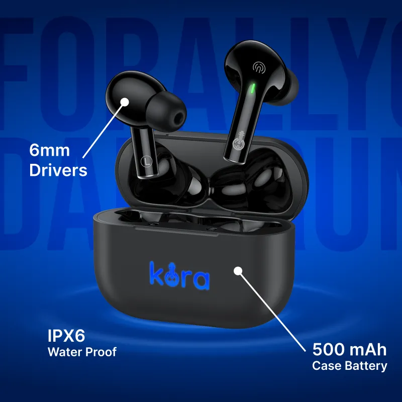 Kora Afroshots Wireless Earbuds with 8mm drivers, 30 Hours Playback, Type C Fast Charging