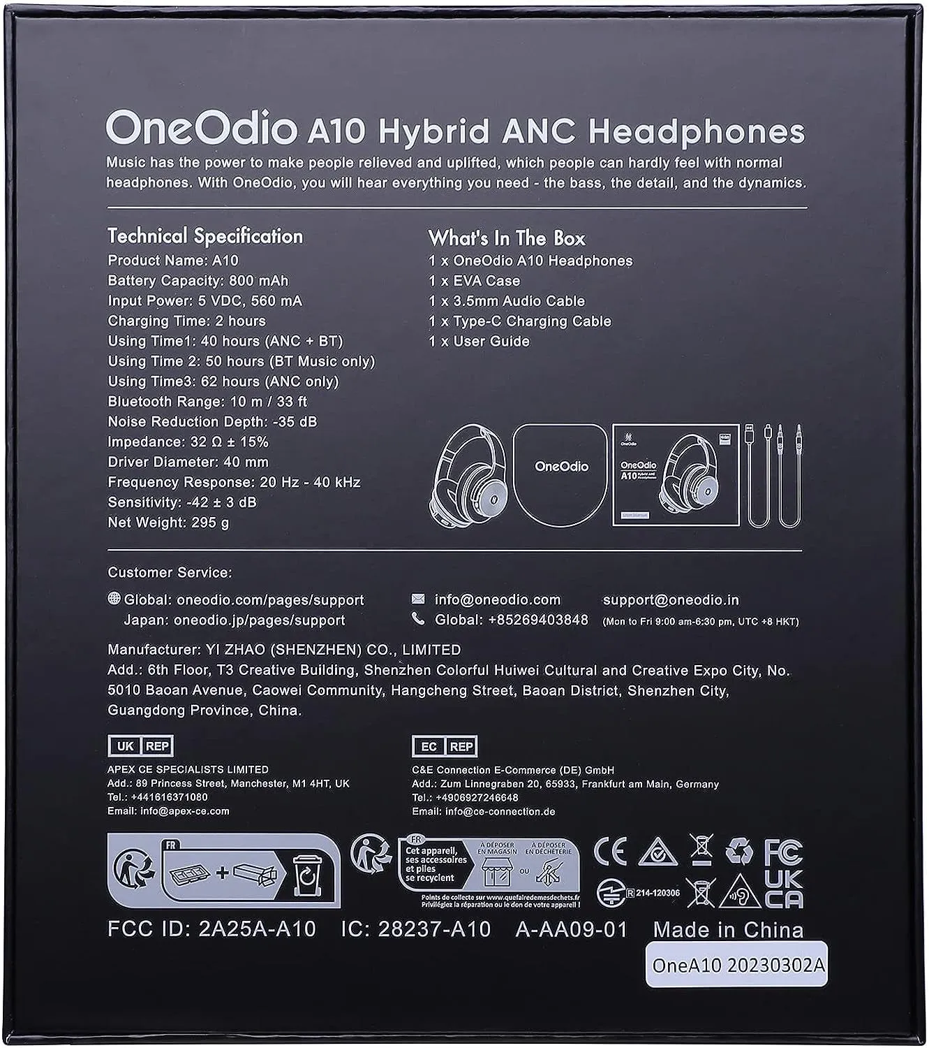 Oneodio Hybrid Active Noise Cancelling Headphones - 62H Battery, Hi-Res Audio, Transparency Mode, Wireless/Wired, Built-In Mic - for Travel