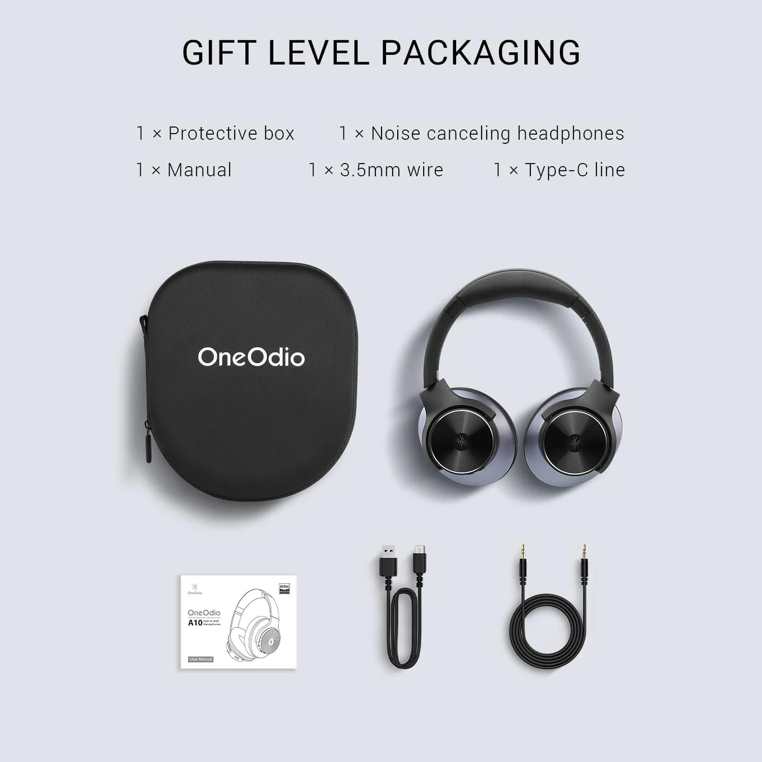 Oneodio Hybrid Active Noise Cancelling Headphones - 62H Battery, Hi-Res Audio, Transparency Mode, Wireless/Wired, Built-In Mic - for Travel