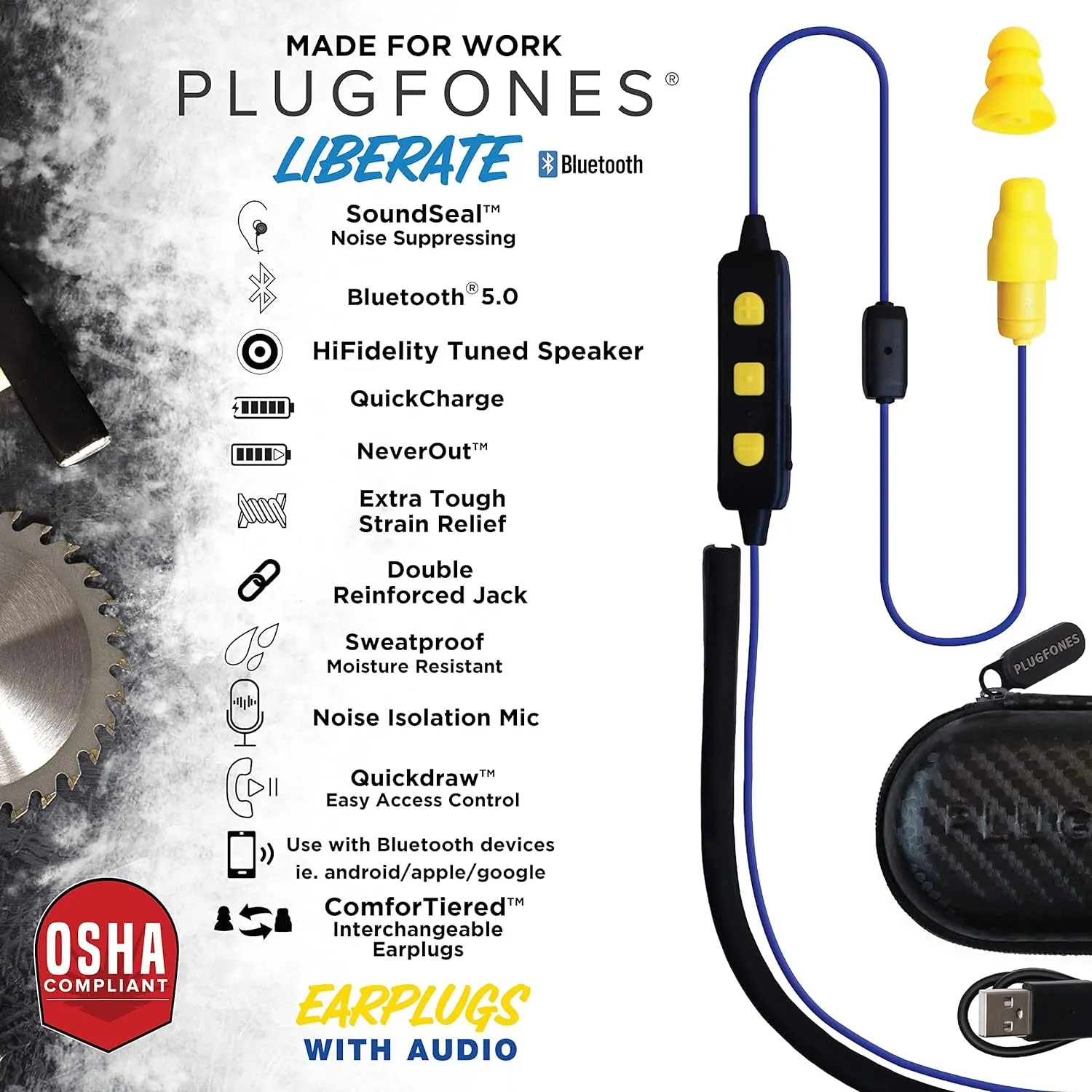 Plugfones Liberate 2.0 Wireless Bluetooth In-Ear Earplug Earbuds- 29NRR Noise Reduction Headphones with Noise Isolating Mic and Controls (Blue & Yellow)